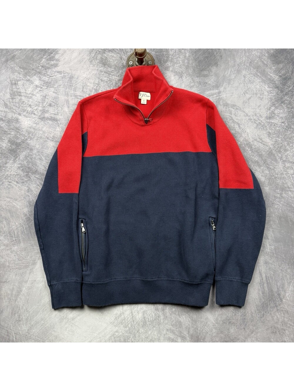 J Crew Ski Sweater Mens S Navy Red Cotton Milano-Stitch Half Zip Retro